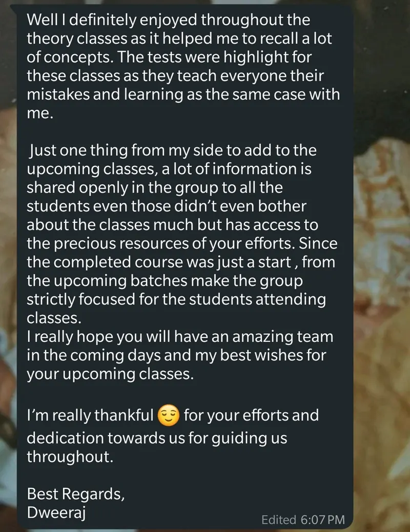 WhatsApp feedback from Dweeraj for Pankh Aviators