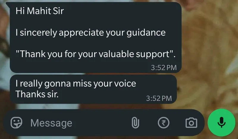 WhatsApp feedback from Md. Rehan for Pankh Aviators