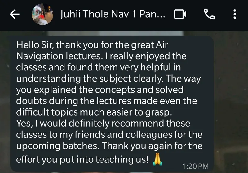 WhatsApp feedback from Juhii Thole for Pankh Aviators