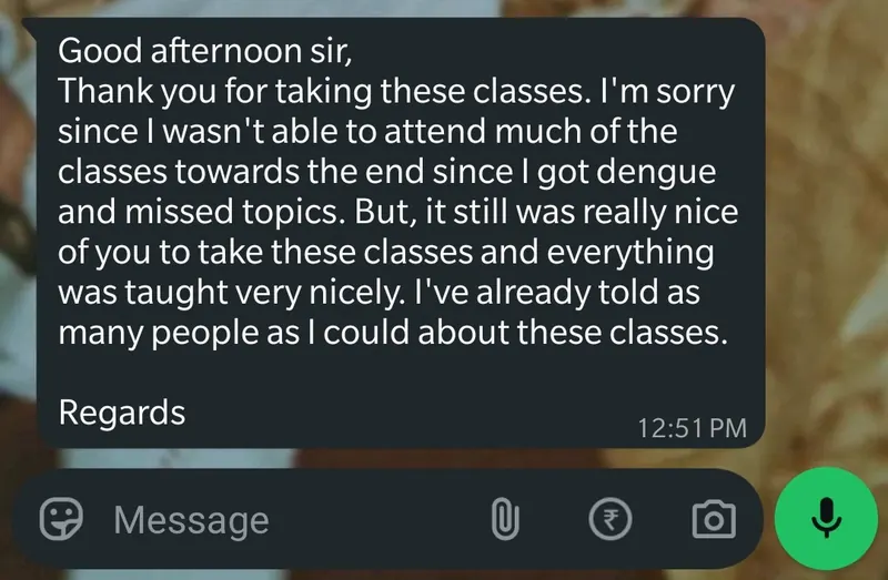 WhatsApp feedback from Tanishq Sharma for Pankh Aviators