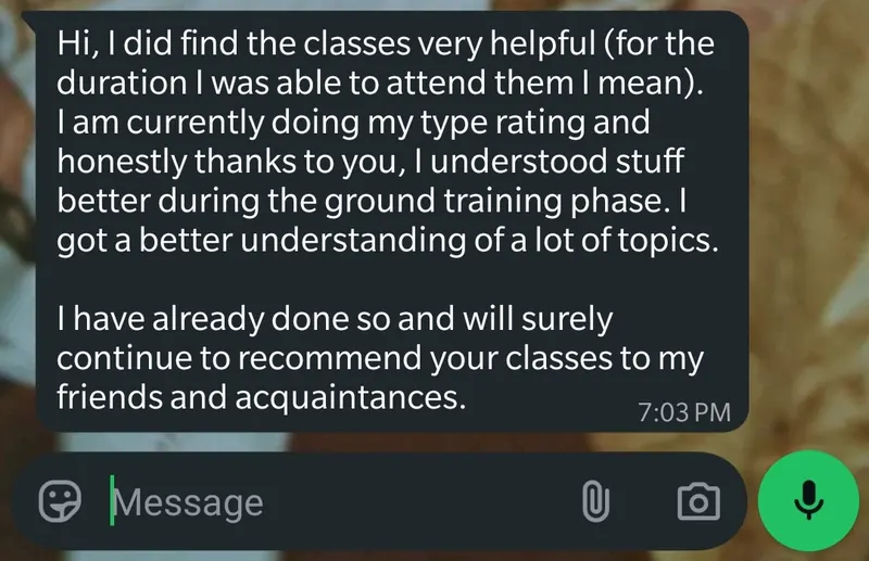 WhatsApp feedback from Harnisha for Pankh Aviators