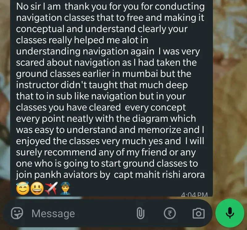 WhatsApp feedback from Prajwal for Pankh Aviators